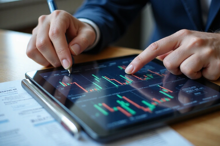 A close-up image of hands meticulously reviewing economic charts and data, symbolizing quality assurance and attention to detail.