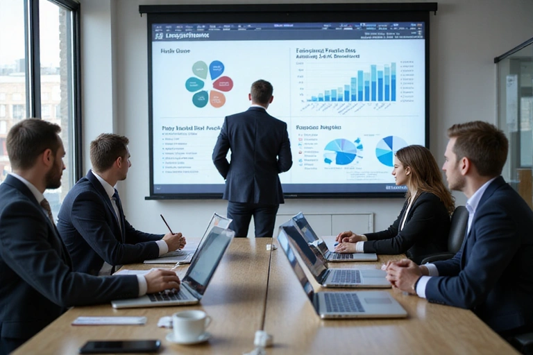 A modern image depicting a group of diverse professionals engaged in a dynamic economic training session, using interactive screens and whiteboards.