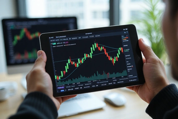 A person looking at a digital stock chart on a tablet, representing financial market analysis.