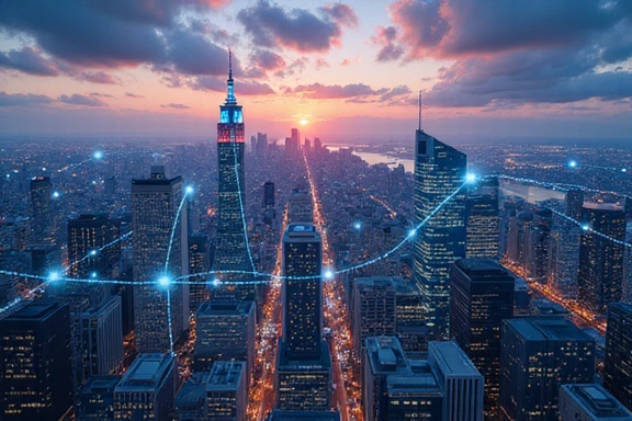 A stylized representation of smart city infrastructure, symbolizing urban economics and development.