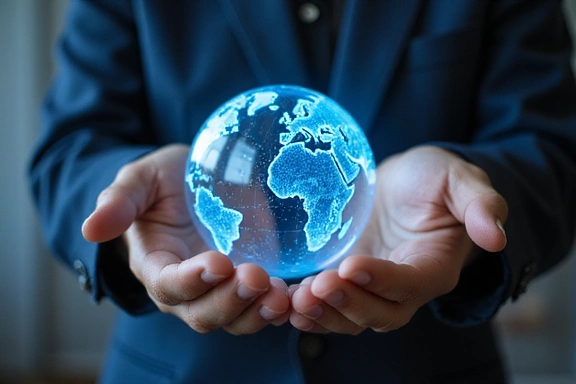 A person looking at a globe and financial charts, symbolizing global economic analysis.