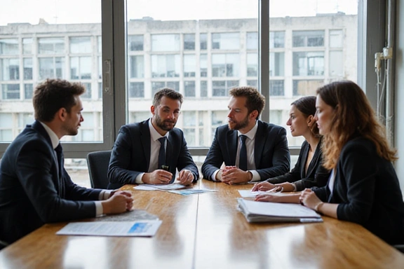 A diverse group of professionals collaborating around a table, symbolizing business strategy discussions.