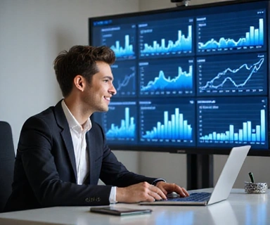 A young entrepreneur looking at a digital dashboard with positive growth charts, symbolizing business expansion.