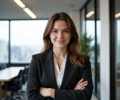 A professional woman smiling confidently in an office setting, representing success after training.