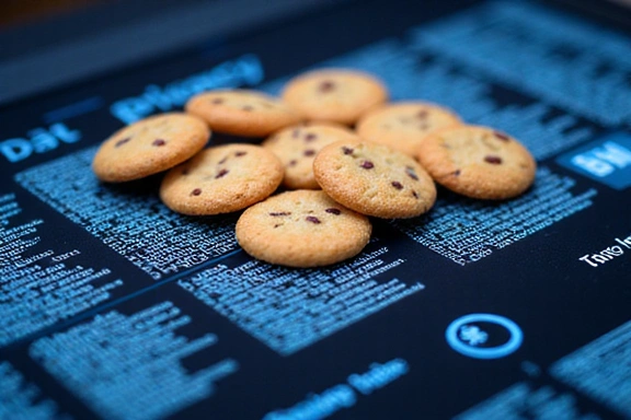 Illustration of various cookies on a digital device screen, representing data privacy and web technology.