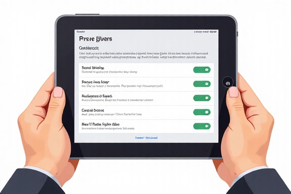 Illustration of a person's hand holding a tablet with cookie settings on the screen, symbolizing user control over privacy and data.