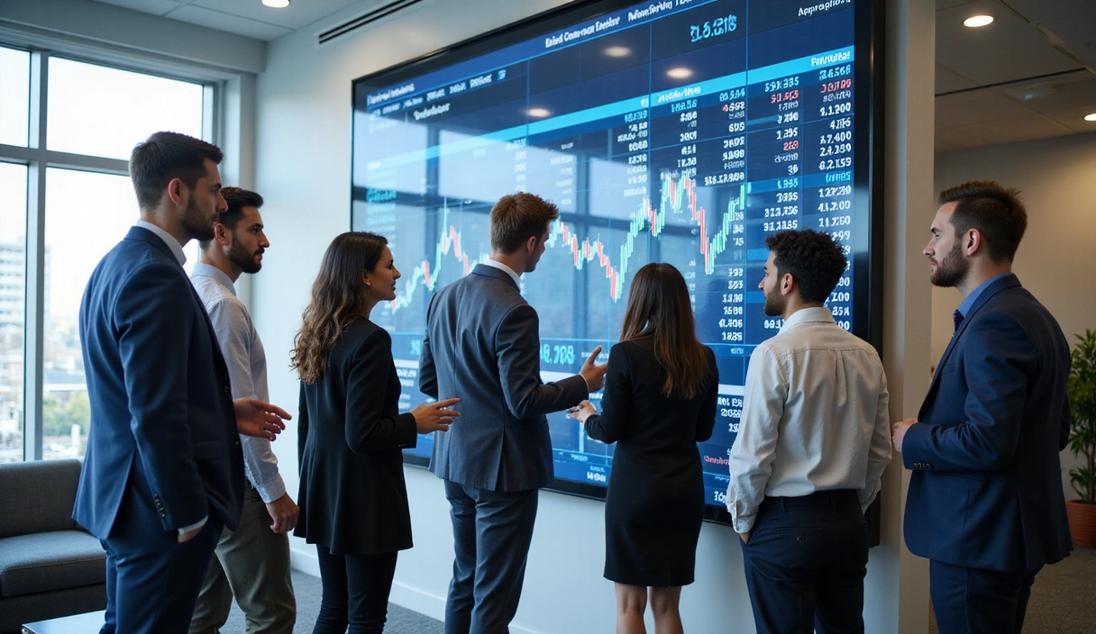 A group of diverse professionals collaboratively analyzing financial data on a large screen, symbolizing teamwork and economic insight.