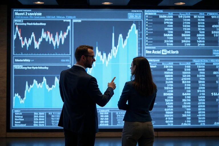 Professionals analyzing financial data on a large screen, representing practical application of economic principles and data analysis.